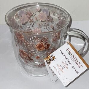 BRANDANI DOUBLE WALL CLEAR GLASS COFFEE TEA 15oz. FLORAL MUG NWT